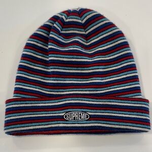 Supreme Striped Knit Beanie in Blue, Red & Light Blue